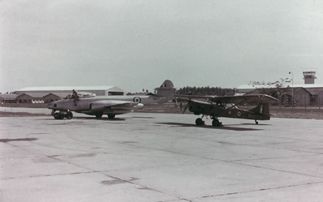 An RAF Gloster Meteor & Army Auster at Tengah