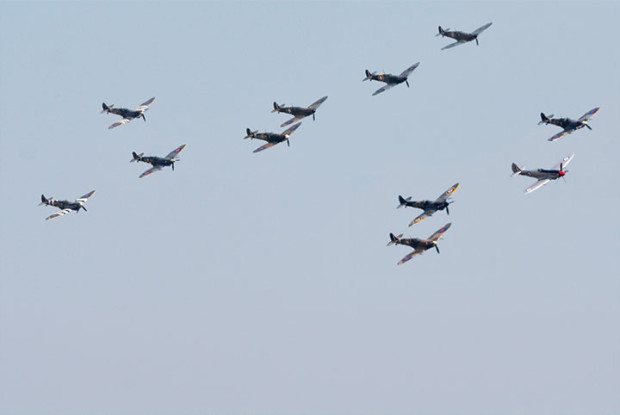Spitfires in formation at Duxford Flying Legends 2014