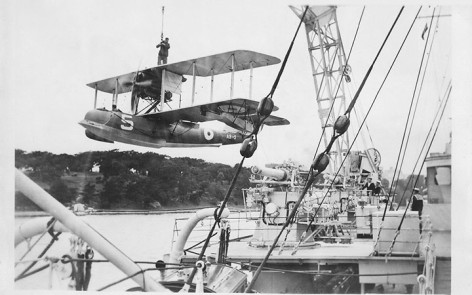 Supermarine Seagull III RAAF A9-5 being hoisted aboard HMAS Canberra in Sydney Harbour Circa 1935