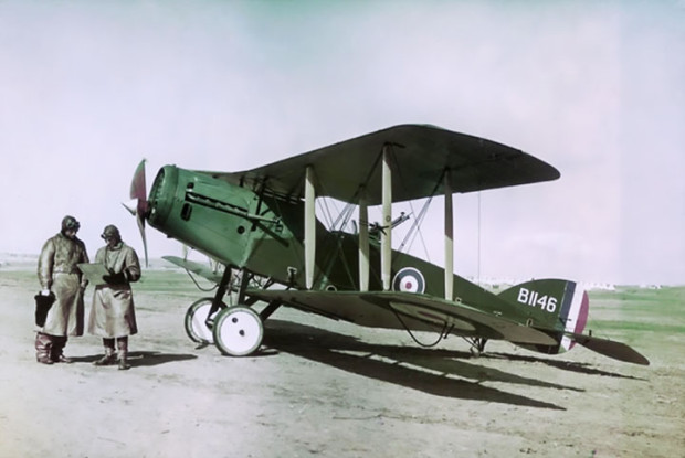 Major Syd Addison and Lieutenant Hudson Fysh, of the Australian Flying Corps, in a Bristol Fighter aircraft at Mejdel - AWM B02040