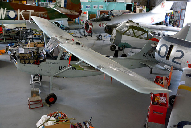 Cessna O-1G Bird Dog VH-XVB in Caboolture hangar