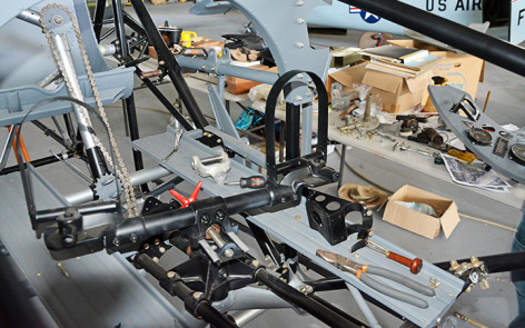 Hawker Demon internal fuselage cockpit pedals being assembled
