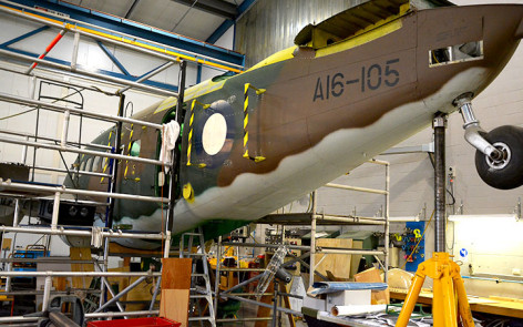 Lockheed Hudson A16-105 AWM restoration of fuselage on trestles & scaffolding
