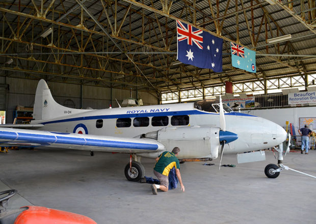 de Havilland DH.104 Dove VH-DHI in the hangar at AAHC Qld