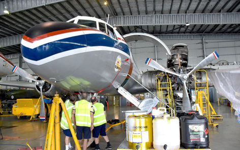 Convair 440 ZS-ARV receiving routine maintenance from the HARS engineers prior to the Avalon Airshow