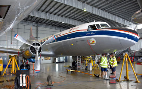 Convair 440 zs-arv resplendant in her pseudo taa scheme at hars albion park maintenance hangar    | warbirds online