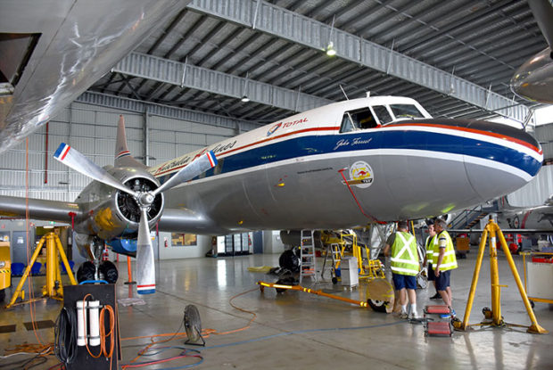 Convair 440 zs-arv resplendant in her pseudo taa scheme at hars albion park maintenance hangar    | warbirds online