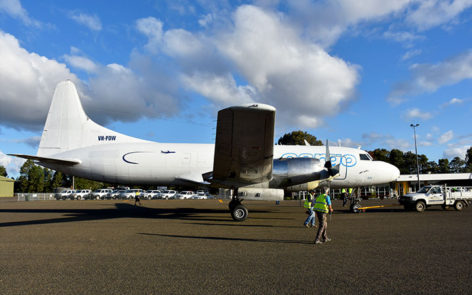 Convair 580 VH-PDW being relocated to display area at HARS Parkes Museum May2017