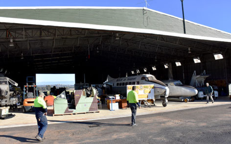 HARS volunteers work on organising exhibits at the HARS Parkes Aviation Museum