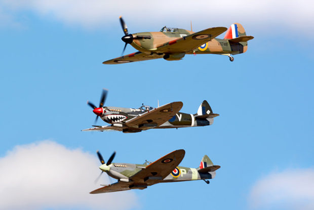 Supermarine Spitfires Mk VIII VH-HET Military SN A58-758 and Mk XVI VH-XVI Military SN TB863 & Hurricane in BoB display