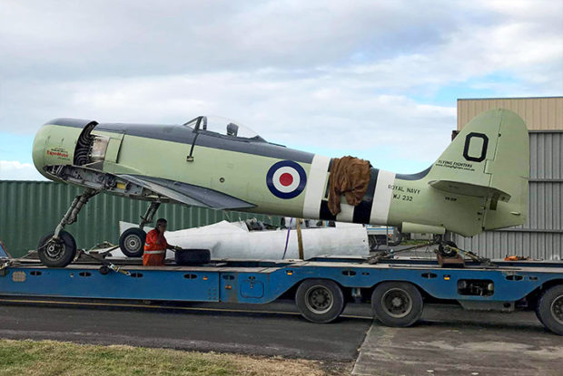 Hawker Sea Fury VH-SHF unloading at Scone after road transport from Archerfield Qld - photo S Fox
