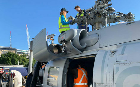 S-70B Seahawk N24-006 875-conservators Katie Wood Nick Flood Jeff Fox condition checking cleaning Seahawk-ANMM photo