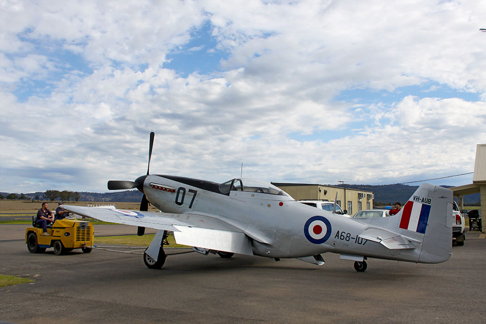 CAC CA-18 Mk21 Mustang A68-107 VH-AUB is moved out of the hangar by Pays Air Service