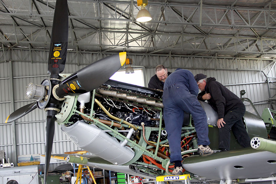 Greg Johnson John Keen and Alf Morgan check Spitfire MH603 prior to her engine run