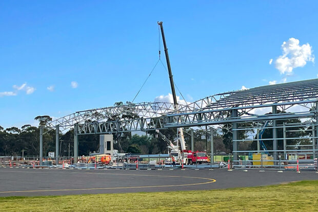 Hunter Warbirds hangar construction mid July 2021-most of the structural framework up