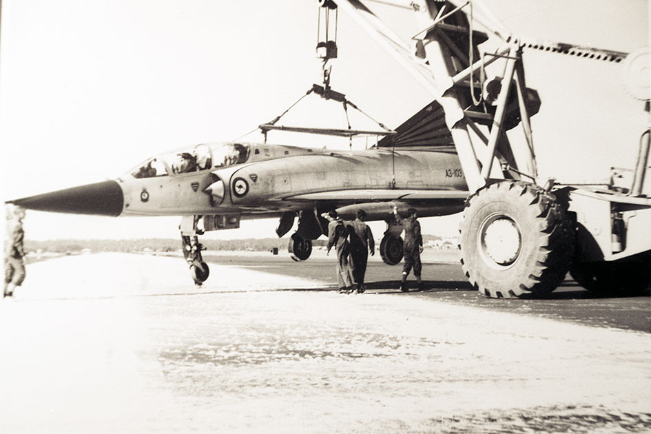 Dassault Mirage IIID RAAF serial A3 103 after nosewheel collapse being recovered by crash crew at RAAF Base Williamtown