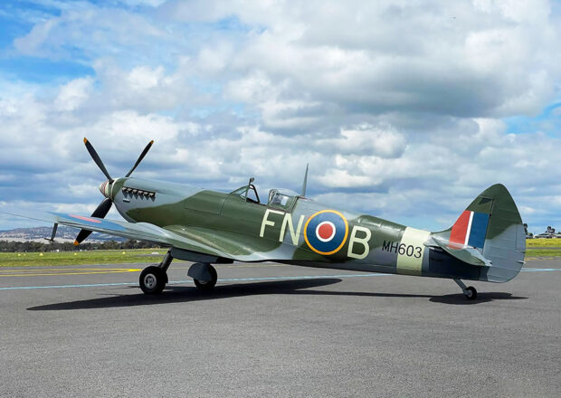 Supermarine Spitfire Mk IX MH603 just out of the paint shop at Scone NSW in her full Norwegian colour scheme-side view